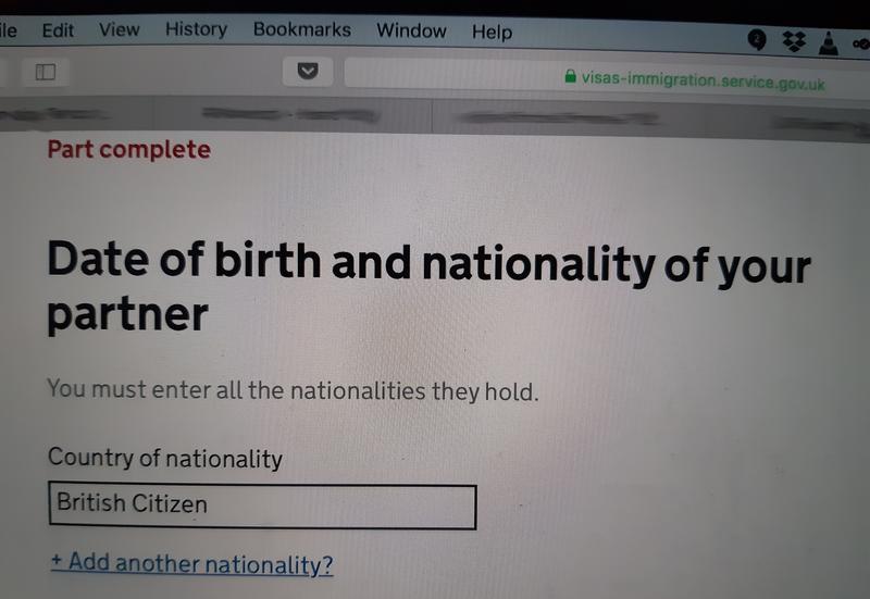 Screenshot reads 'Country of nationality' with the answer 'British Citizen'
