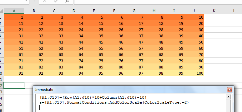An excel spreadsheet showing the numbers 1 to 100 in a 10x10 grid with the colours fading from red to yellow.
