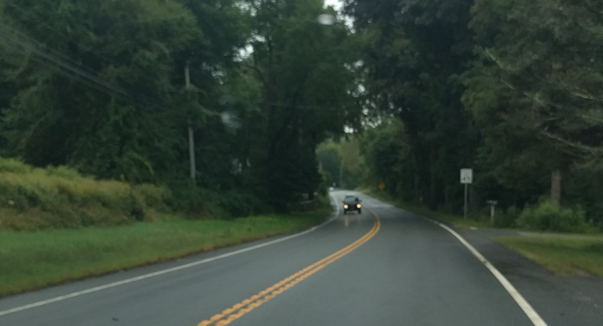 Country road in Connecticut with a set of bumps in the centre of the road.