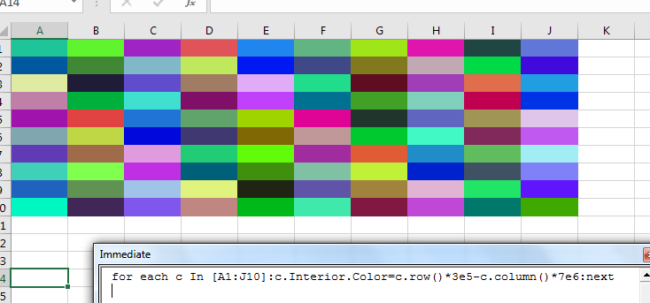 Pretty colours An excel spreadsheet showing a 10x10 grid full of random colours.