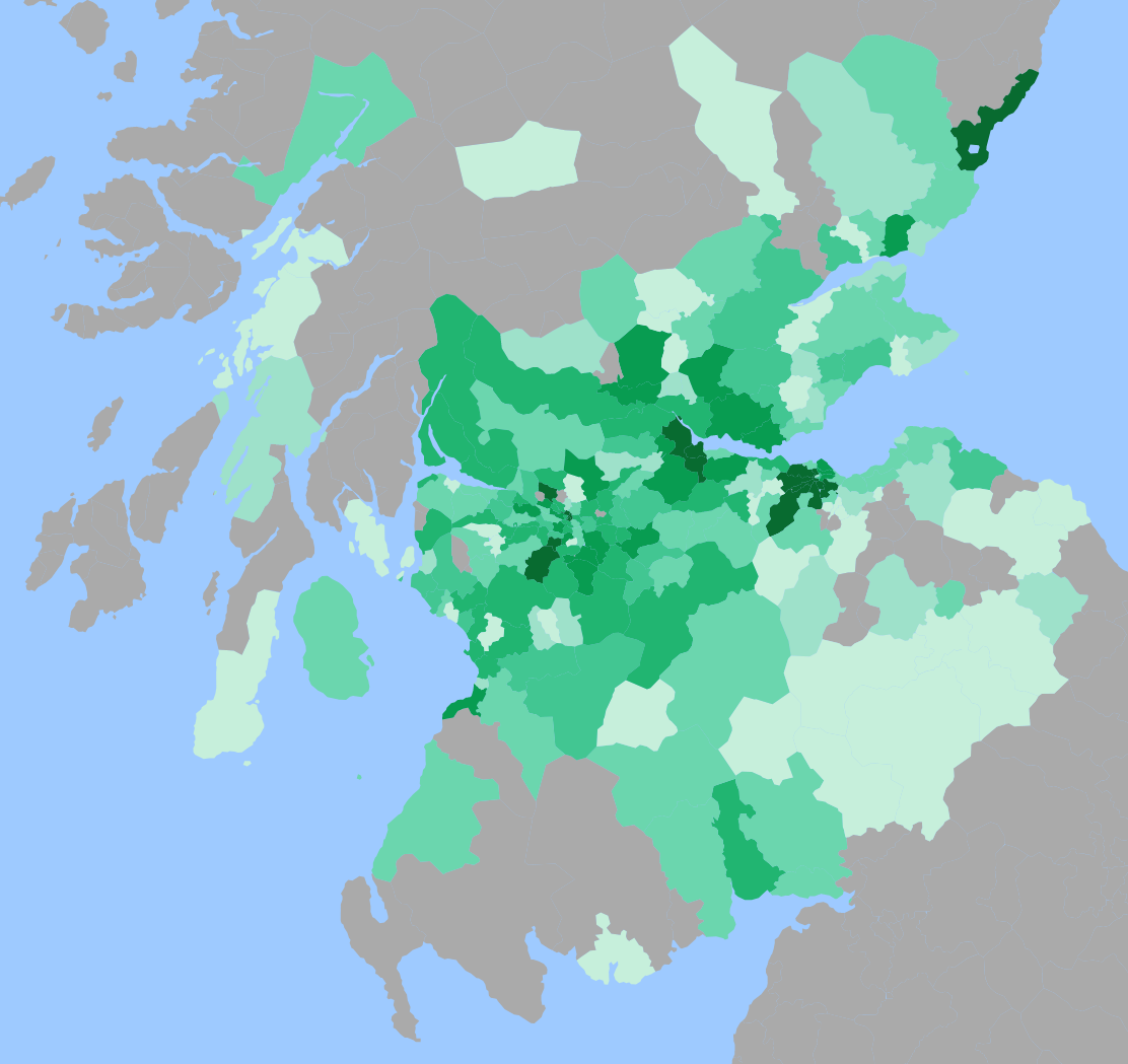 Choropleth Map of central Scotland highlighting areas with more IChemE members