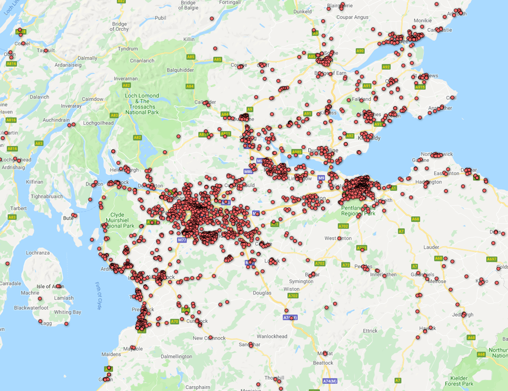 Pinboard Map of central Scotland showing postcodes with IChemE members.